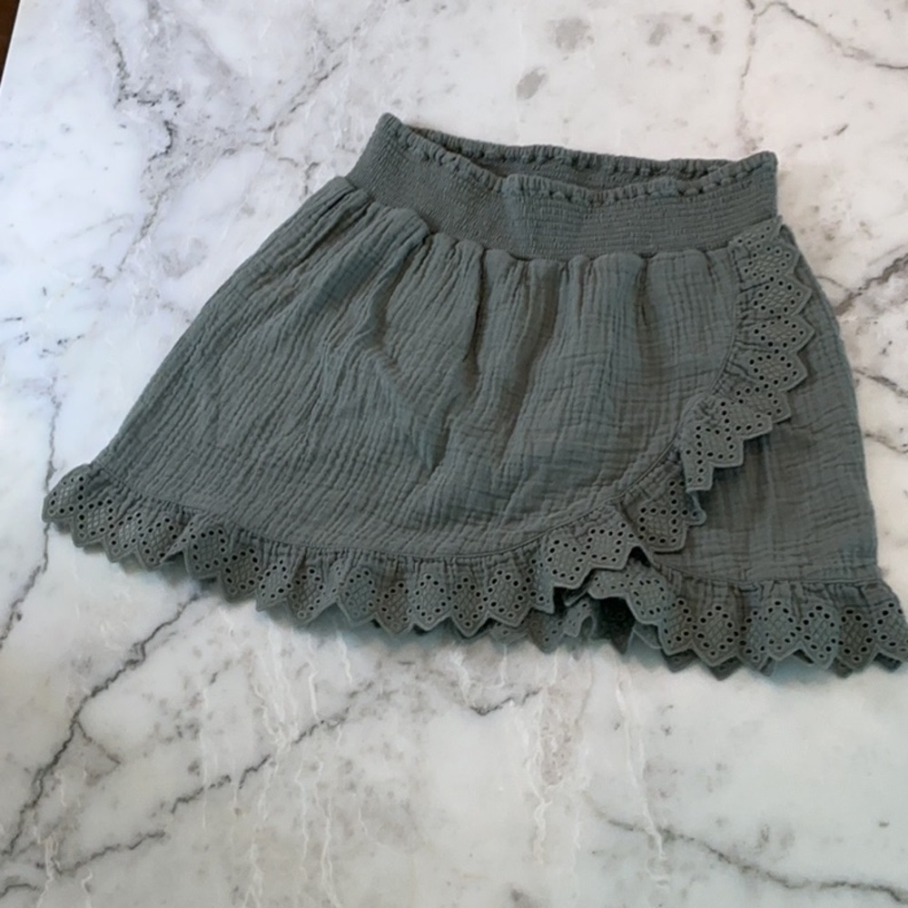 Rylee + Cru Green Wrap Mini Skirt with Ruffles